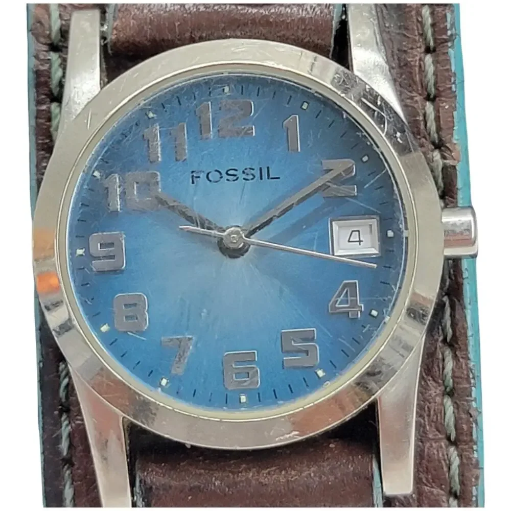 Fossil Wide Cuff Watch Brown Leather Blue Dial Date Indicator Y2K Retro